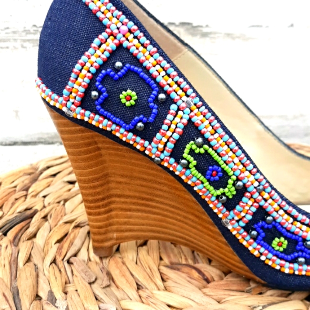 EUC JESSICA BENNETT JKIRABU DENIM & BEADED HEELS - Picture 4 of 10